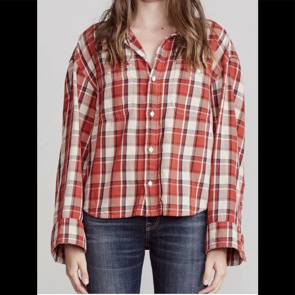 R13 Oversized Sleeve Cropped Shirt - Red Plaid. Size XS.